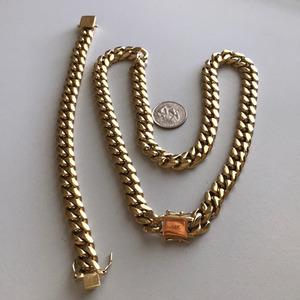 14Kgold plate Cuban chain men stainless steel set